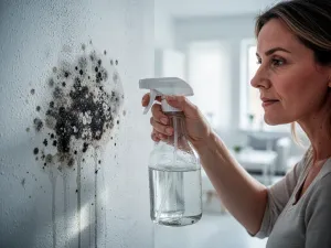 Kobieta czyści ściereczką pożółkły biały mebel, przywracając mu pierwotną jasność w słonecznej kuchni.