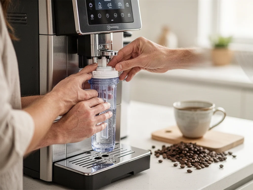 Dłonie instalujące nowy filtr wody w ekspresie automatycznym Philips LatteGo w jasnej, nowoczesnej kuchni.